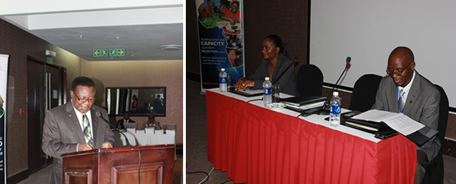 Prof. Emmanuel Nnadozie delivering his speech at the official opening of the SSG workshop in Lusaka, Zambia. ZIPAR Executive Director Dr. Pamela Nakamba-Kabaso and Economic Association of Zambia president Mr. Isaac Ngoma listening to ACBF Executive Secretary Prof. Emmanuel Nnadodzie’s speech